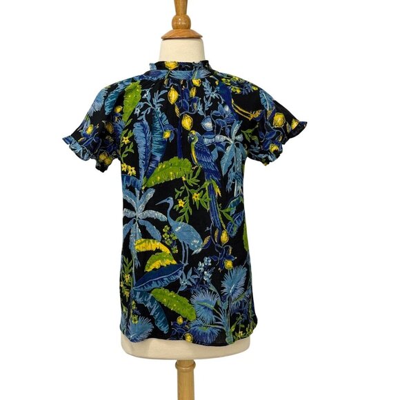 Banjanan Anthropologie Blue Bird Ruffle Top Short Sleeve Tropical Cotton Size XS - Picture 4 of 8